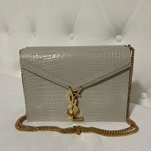 Saint Laurent White Cassandra Croc-embossed Leather Cross-body Bag with GHW